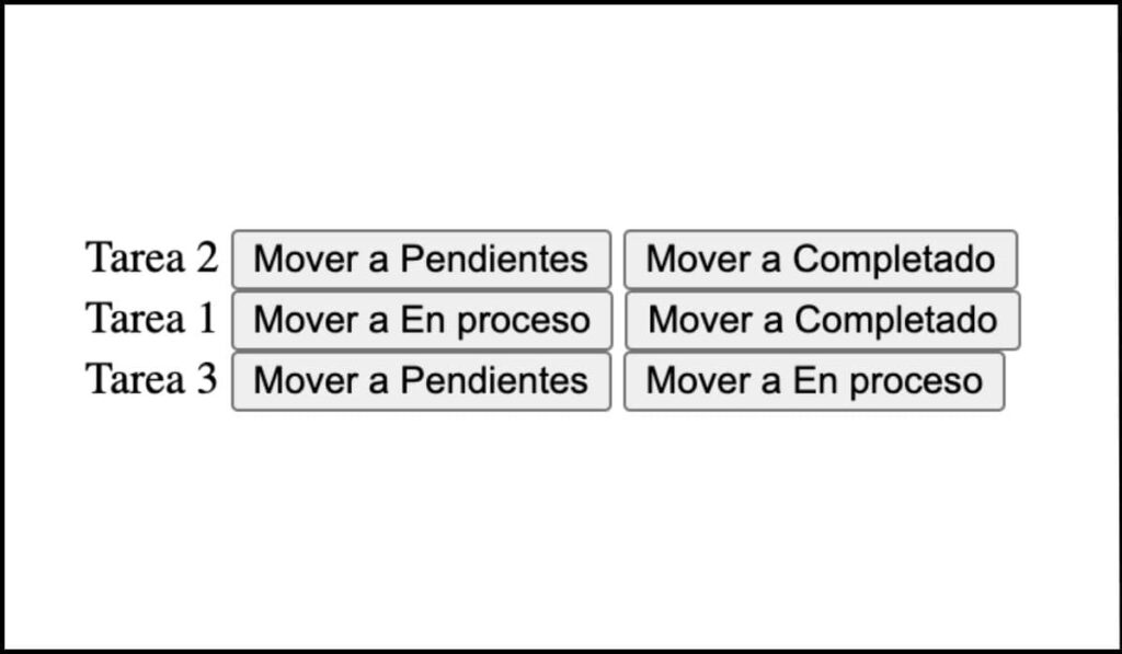 Interfaz de gestión de tareas con botones accesibles para mover tareas entre estados como Pendientes, En proceso y Completado, sin necesidad de arrastrar elementos.
