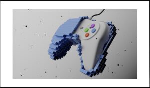 Control de videojuego con un diseño futurista y elementos pixelados, representando la personalización de interfaces y la importancia de la accesibilidad en controles interactivos.