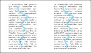 Comparación de dos párrafos justificados con "ríos de blanco", resaltados en azul, que dificultan la lectura del texto. Ilustra el problema de accesibilidad del Fallo F88 en WCAG 2.1.