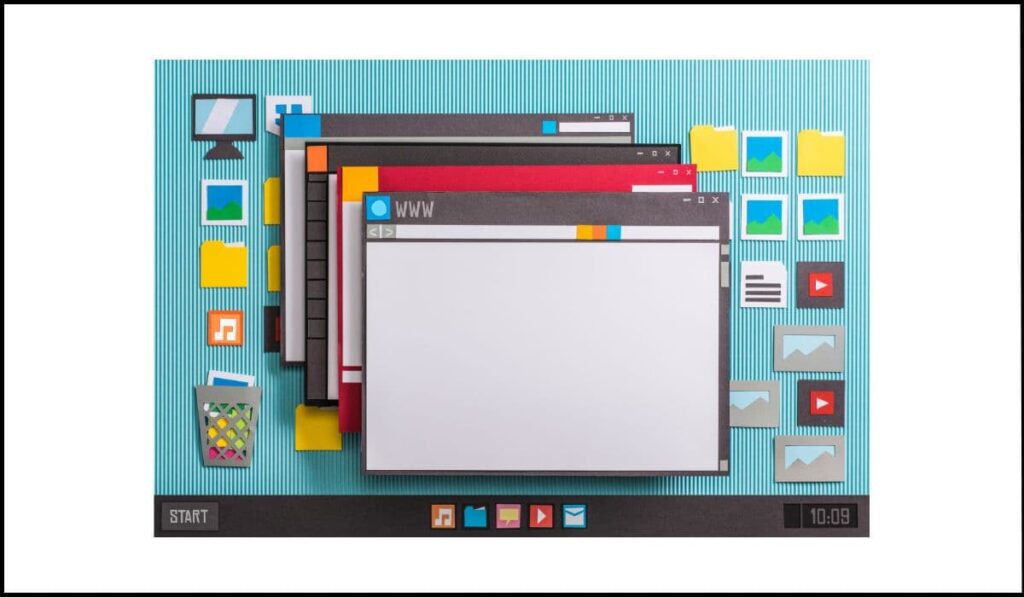 Múltiples ventanas emergentes superpuestas en un escritorio digital, representando el problema de apertura de nuevas ventanas sin aviso en la navegación web y su impacto en la accesibilidad.