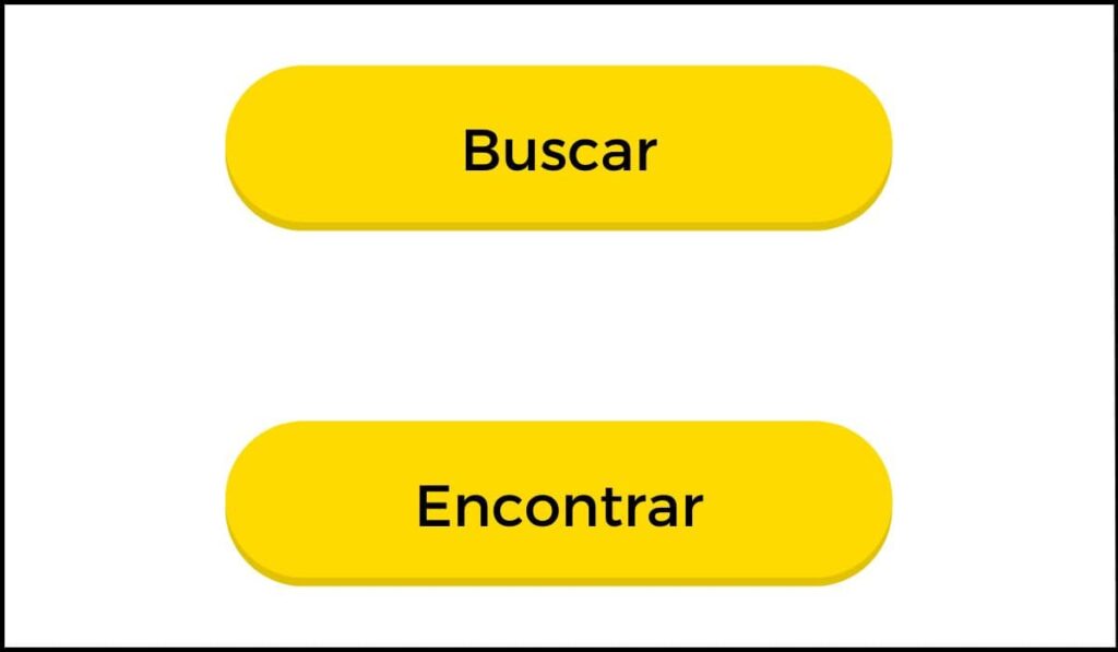 Dos botones amarillos con etiquetas diferentes: 'Buscar' y 'Encontrar', que representan un error de accesibilidad al usar nombres distintos para la misma función en diferentes páginas web.