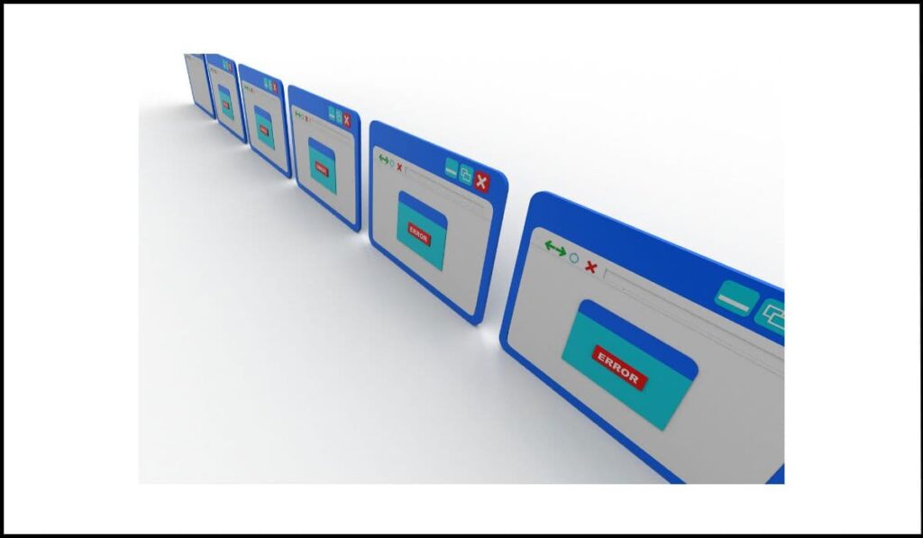 Múltiples ventanas emergentes en una pantalla, cada una mostrando un mensaje de error, representando cambios de contexto inesperados en la navegación web.