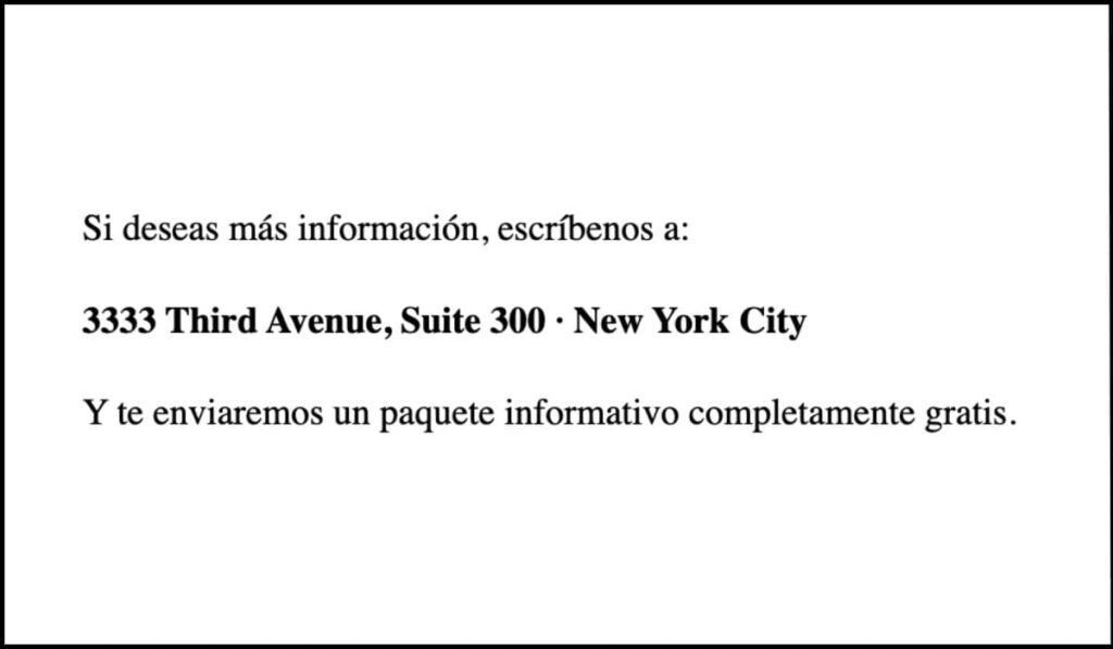 Texto con una dirección destacada en negrita usando un encabezado incorrectamente para formato visual en lugar de representar una jerarquía estructural.
