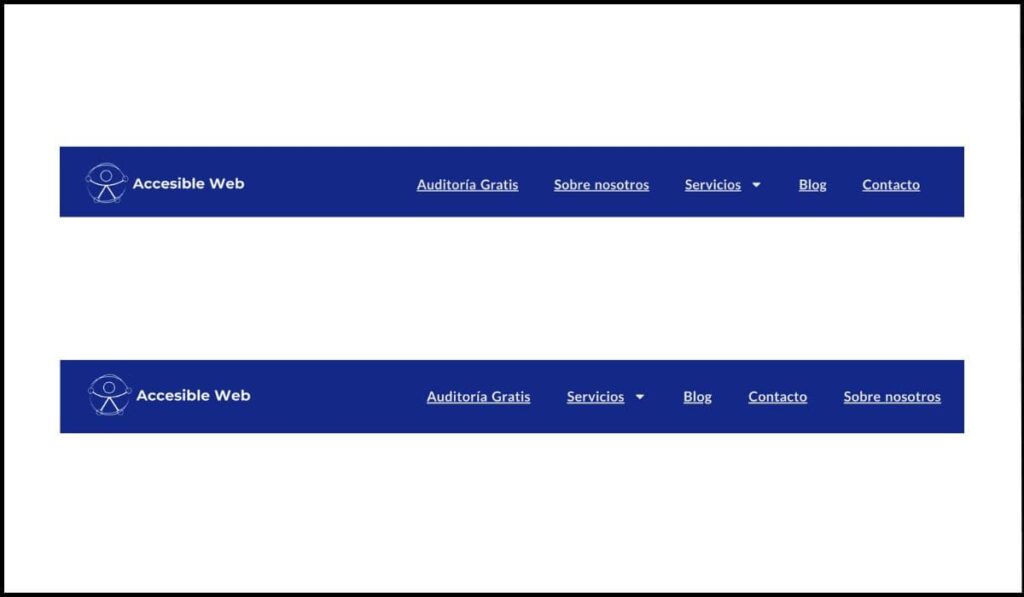 Dos menús de navegación con orden inconsistente en sus enlaces, resaltando la importancia de mantener un orden relativo coherente para una navegación accesible.