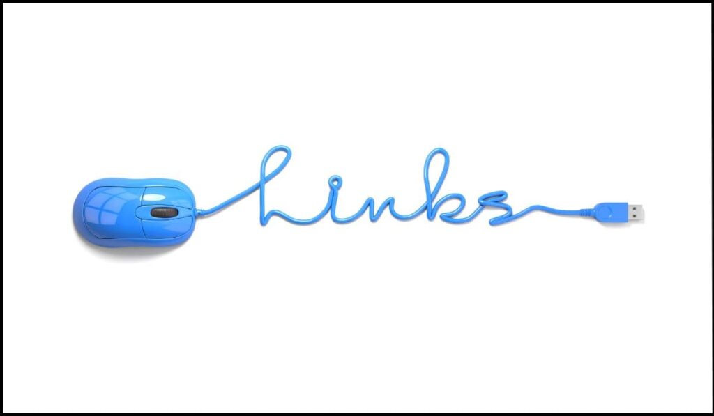 Ratón azul con cable formando la palabra 'links', simbolizando la conexión y accesibilidad de los enlaces en la web.