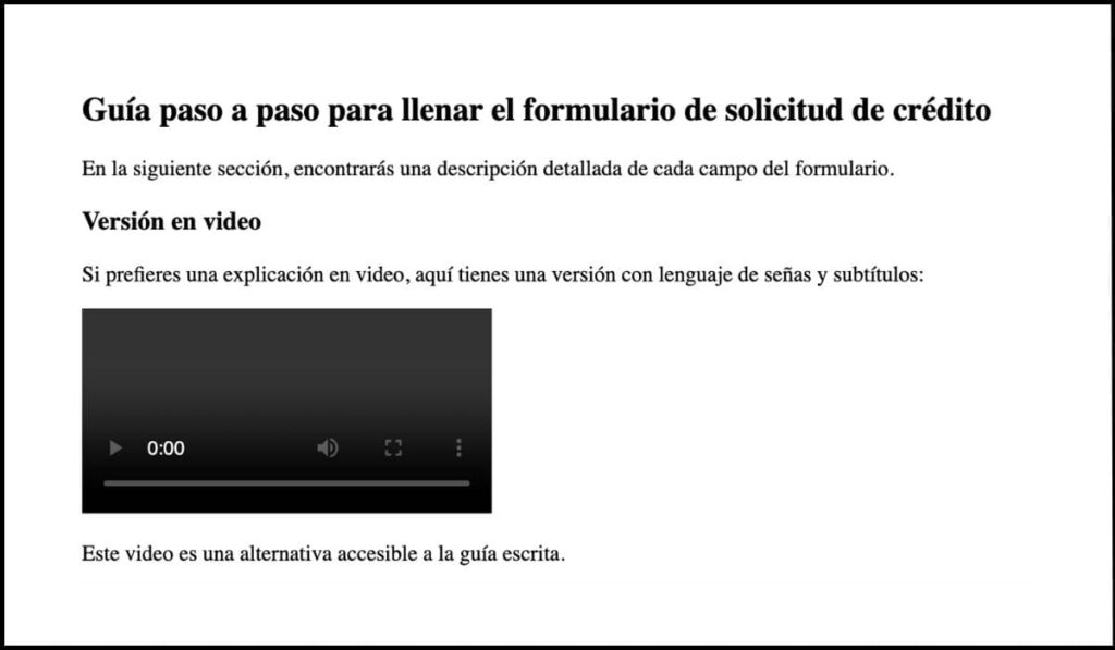Página web con una guía paso a paso para llenar un formulario de solicitud de crédito, que incluye una versión en video con lenguaje de señas y subtítulos como alternativa accesible al texto.