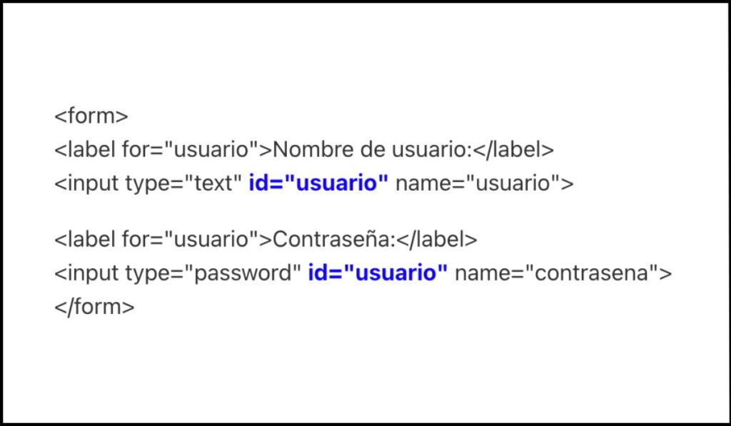Código HTML con error de accesibilidad: dos campos de formulario con el mismo atributo ID, causando problemas en la asociación de etiquetas y funcionalidad.