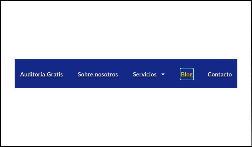 Navegación web con un enlace enfocado que muestra un contorno amarillo, asegurando la accesibilidad visual para usuarios que navegan con teclado.