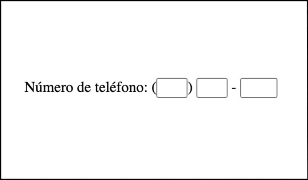 Formulario con tres campos de entrada para un número de teléfono, ahora con una etiqueta textual 'Número de teléfono:' para mayor accesibilidad.
