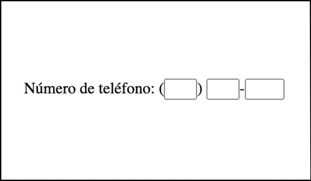 Formulario con campos separados para número de teléfono sin etiquetas individuales, dificultando la accesibilidad para tecnologías de asistencia.