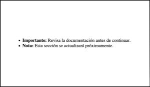 Lista de elementos con texto significativo: 'Importante: Revisa la documentación antes de continuar.' y 'Nota: Esta sección se actualizará próximamente.' mostrando una solución accesible sin el uso de pseudoelementos CSS.