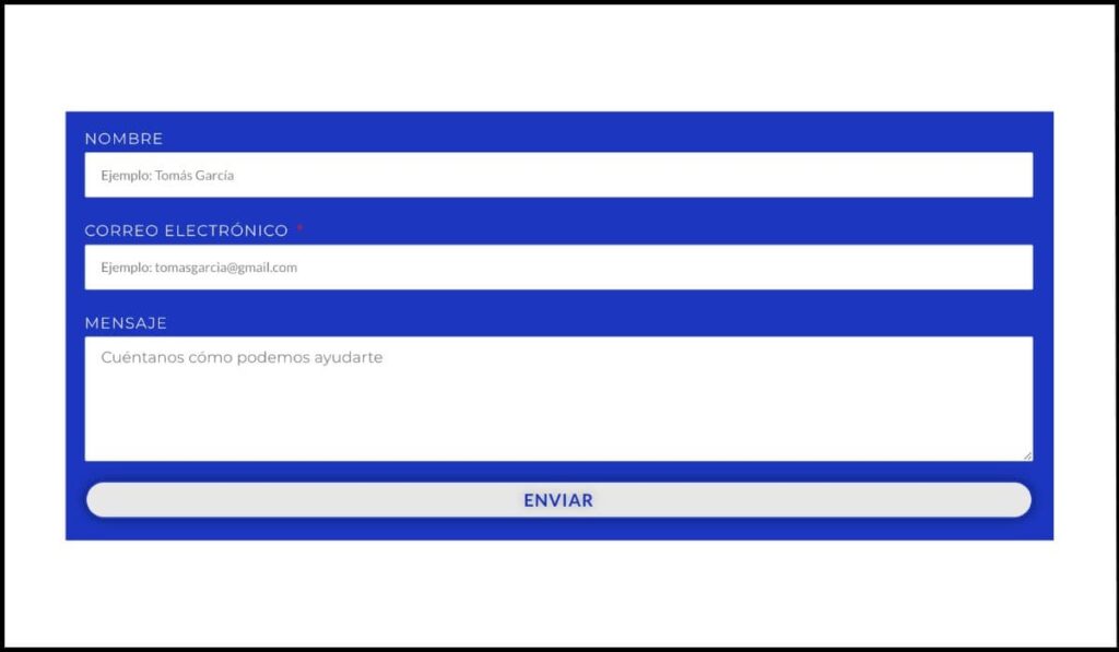 Formulario de contacto con campos para nombre, correo electrónico y mensaje, junto con un botón de envío. Ilustra el fallo F9 de WCAG 2.1 sobre cambios de contexto inesperados al perder el foco en un campo del formulario.