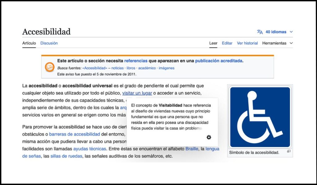 Página web con contenido emergente al pasar el cursor. El cuadro emergente muestra una definición sobre accesibilidad, pero desaparece al intentar interactuar con él.