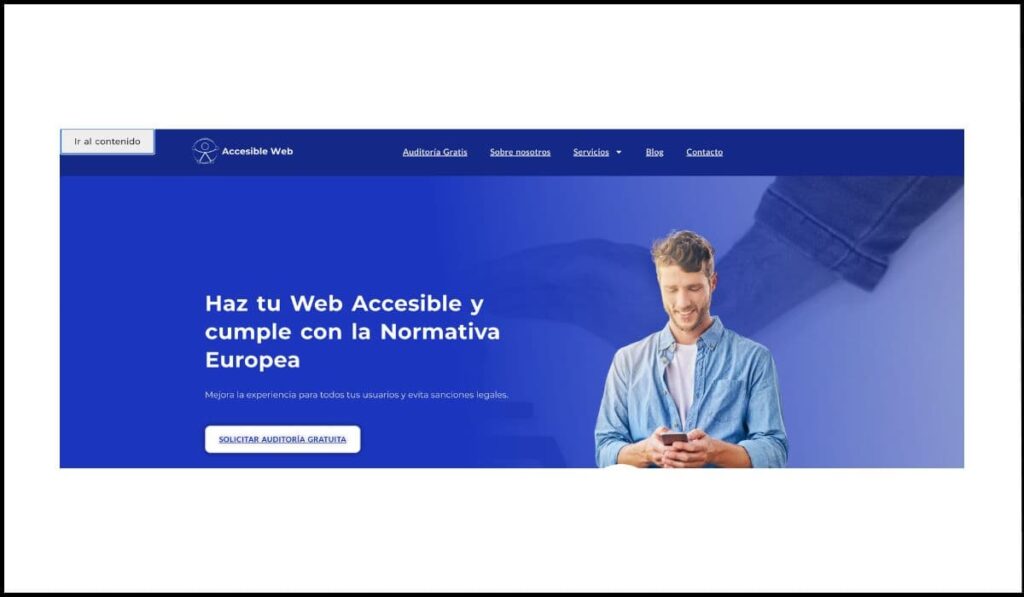 Página web accesible con un enlace 'Ir al contenido' visible en la parte superior izquierda, facilitando la navegación para usuarios de teclado y lectores de pantalla.