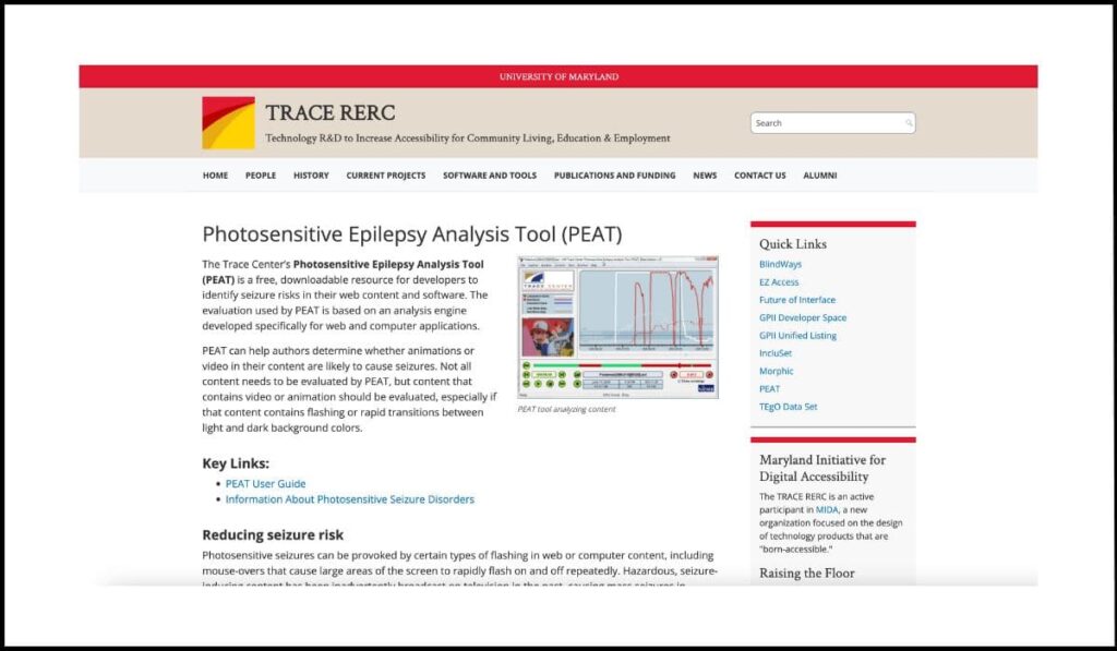 Sitio web de la herramienta PEAT (Photosensitive Epilepsy Analysis Tool), utilizada para analizar y reducir riesgos de convulsiones causadas por destellos en contenido web y multimedia.