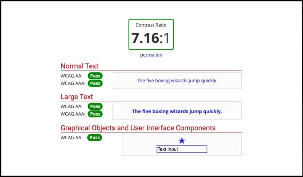 Herramienta de análisis de contraste que muestra un ratio de 7.16:1, cumpliendo con los estándares WCAG AAA para accesibilidad en texto y elementos de interfaz gráfica.