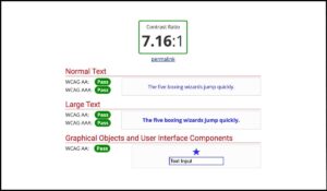 Herramienta de análisis de contraste que muestra un ratio de 7.16:1, cumpliendo con los estándares WCAG AAA para accesibilidad en texto y elementos de interfaz gráfica.