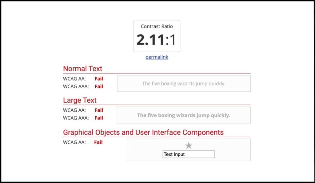 Prueba de contraste de texto con resultado de 2.11:1, indicando que no cumple con los requisitos mínimos de accesibilidad WCAG para texto y elementos de interfaz.