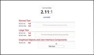 Prueba de contraste de texto con resultado de 2.11:1, indicando que no cumple con los requisitos mínimos de accesibilidad WCAG para texto y elementos de interfaz.