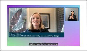 Videoconferencia con subtítulos y un recuadro con intérprete de lengua de signos, asegurando accesibilidad para personas sordas.