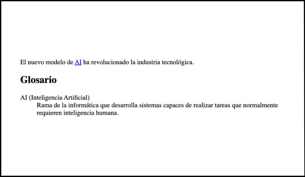 Frase con la abreviación 'AI' enlazada a un glosario que proporciona su definición accesible.