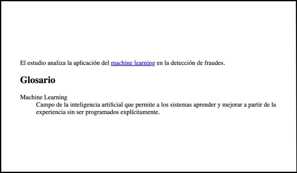 Texto con el término 'machine learning' enlazado a un glosario que proporciona su definición accesible.