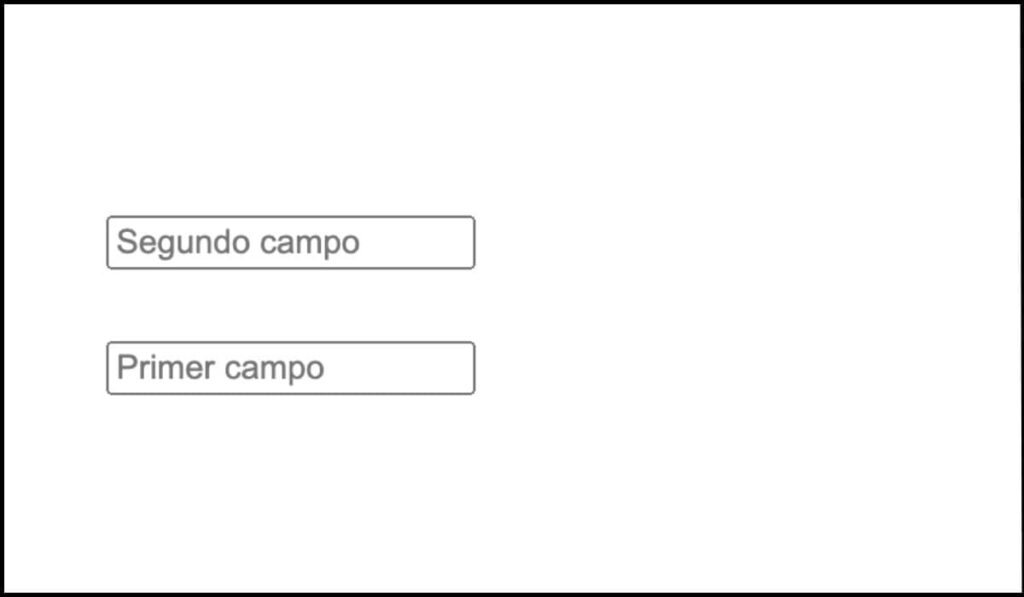 Formulario con dos campos de entrada desordenados visualmente, mostrando el 'Segundo campo' antes del 'Primer campo'.