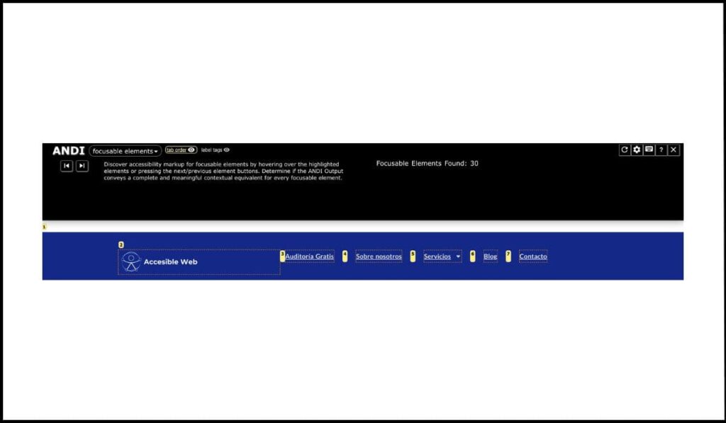 Herramienta ANDI mostrando el orden de tabulación de elementos interactivos en un sitio web.